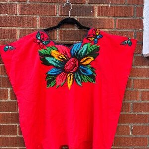 Vibrant Red Floral Embroidered Top
